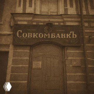 Снимок вывески «Совкомбанкъ» в дореволюционном стиле в Рыбинске — темный фон, старинная орнаментация и шрифт начала XX века.