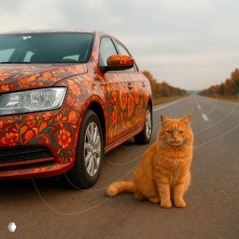 Красный автомобиль, покрытый гаютинской росписью с растительными узорами, стоит на дороге; рядом заметен рыжий кот и осенний пейзаж.