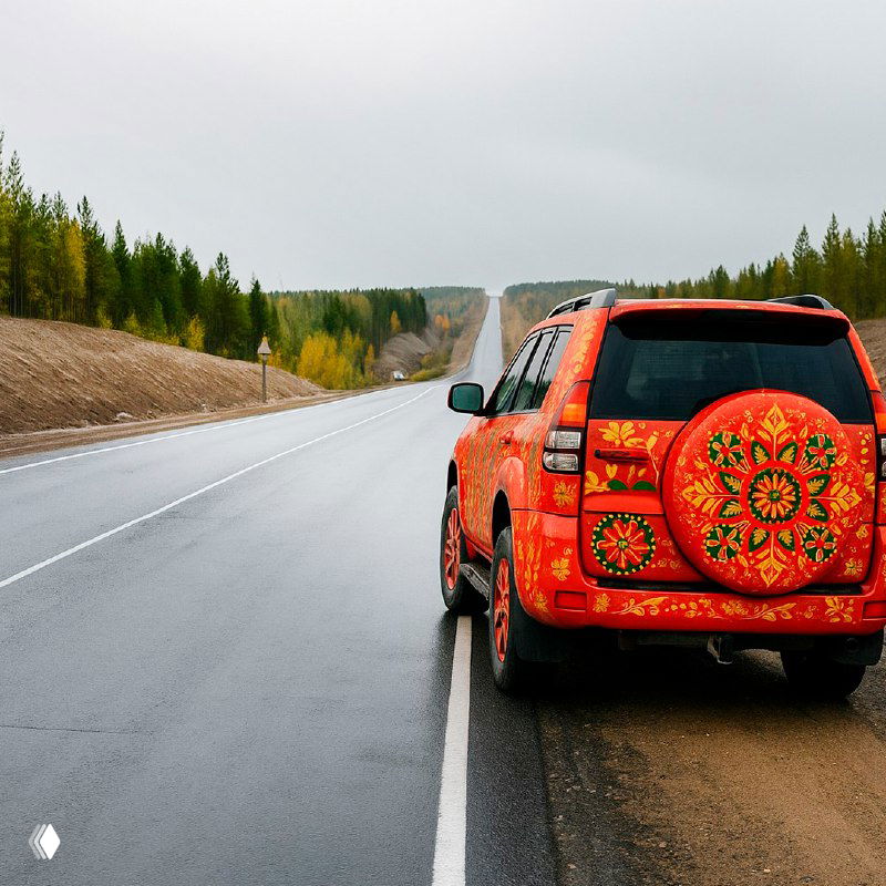 Красный внедорожник с крупным круговым мотивом гаютинской росписи на запасном колесе, припаркован на шоссе среди лесного пейзажа.