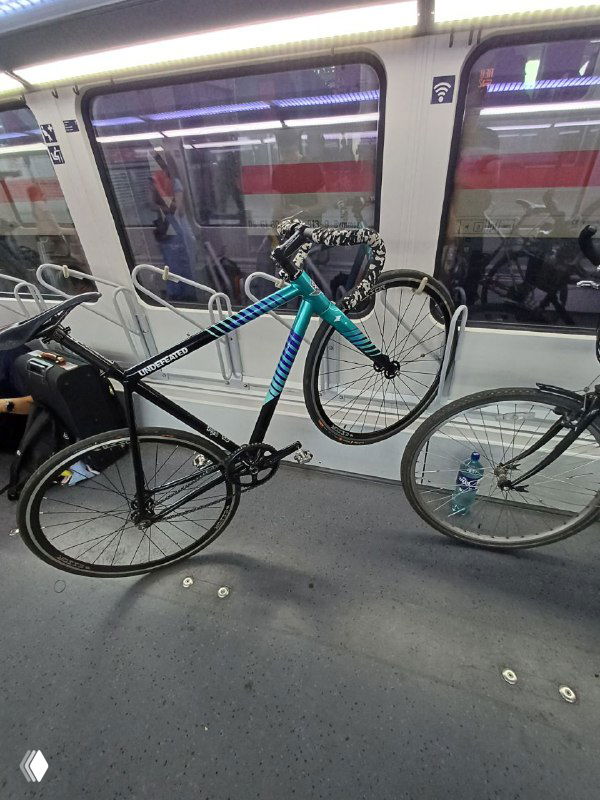 Велосипед State Cycles Undefeated в салоне немецкого поезда — он стоит при проходе, рядом виднеется другой велосипед и интерьер вагона.