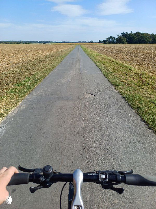 Вид от руля велосипеда: длинная узкая сельская асфальтовая дорога через поля, видны руль и часть рамы, бескрайнее небо и ровная трасса.