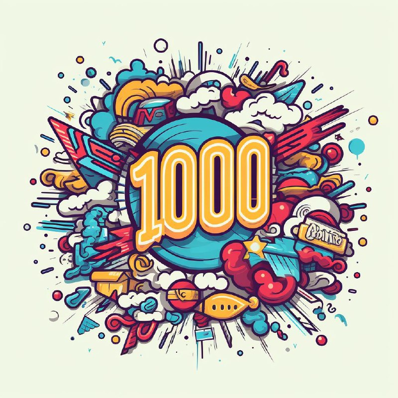 Яркая декоративная иллюстрация с крупной цифрой «1000» в центре на фоне облаков, звёзд и абстрактных цветных элементов.