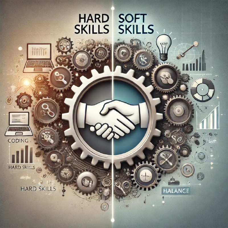 Инфографика: в центре рукопожатие в шестерне, слева значки hard skills, справа — soft skills; символ баланса и процессов.