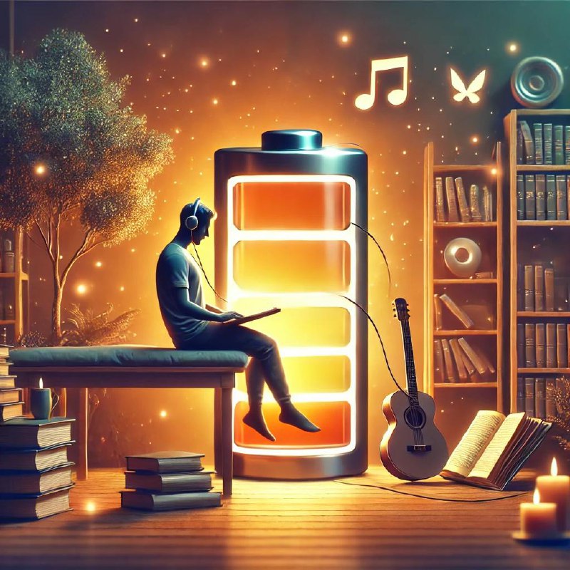Стиллизованная сцена: человек в наушниках сидит с книгой рядом с большой светящейся батареей, гитара и стопки книг вокруг — символ восстановления энергии через отдых.