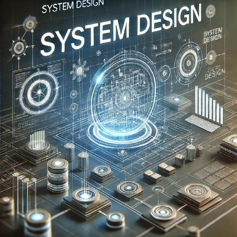 Схематичное цифровое изображение концепции System Design: виртуальная плата с узлами, диаграммами и связями в техно‑стиле, подчёркивающее архитектурный подход.