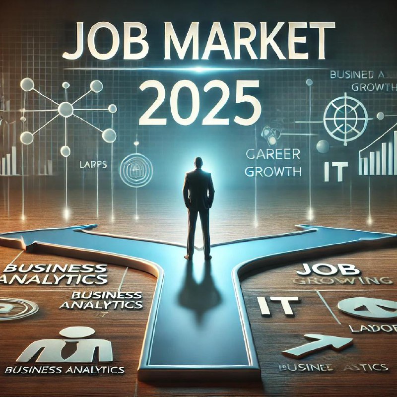 Иллюстрация рынка труда 2025: силуэт человека стоит на развилке между путями карьеры, надпись Job Market 2025 и иконки IT и business analytics.