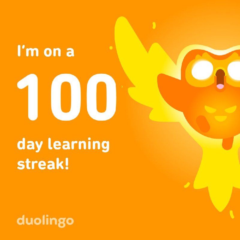Оранжевое изображение талисмана Duolingo, совы на фоне с надписью о длительной серии обучения, отражающее геймификацию.