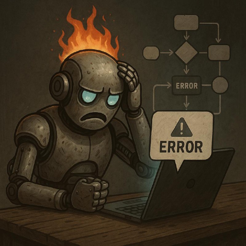Иллюстрация: задумчивый робот за ноутбуком с предупреждением «ERROR», блок-схемой на фоне и огнём над шлемом, символ проблем