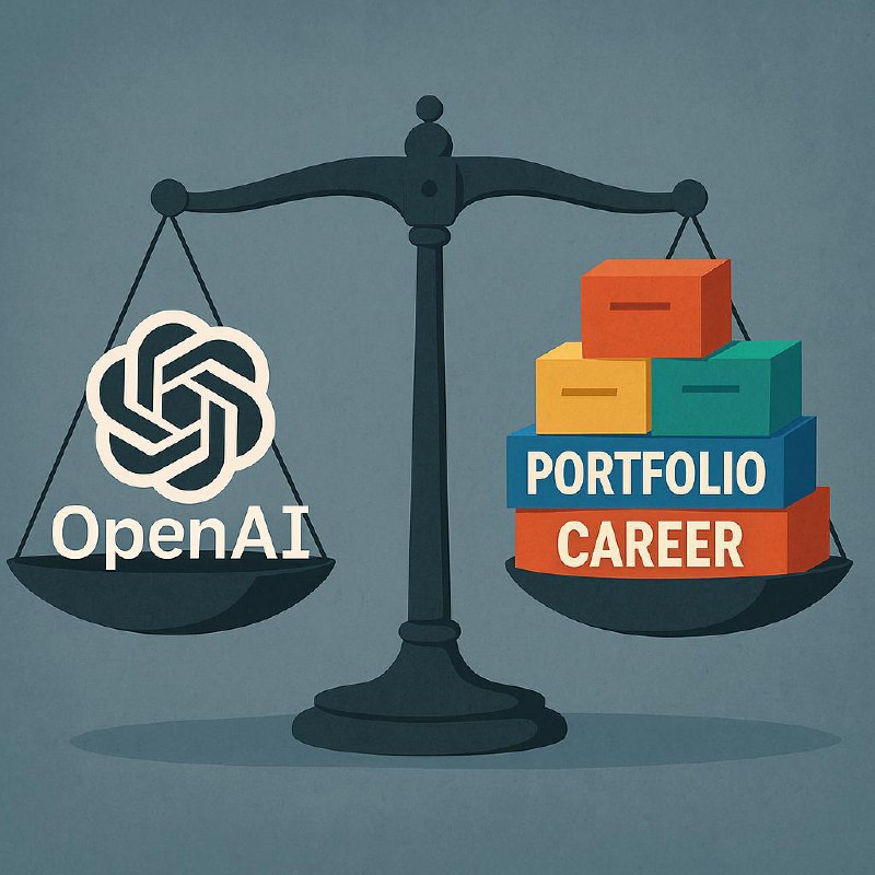Весы: на одной чаше логотип OpenAI, на другой — надпись «Portfolio Career», символ выбора между ИИ и карьерой.