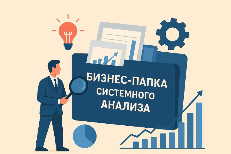 Иллюстрация: человек с лупой рядом с папкой «БИЗНЕС-ПАПКА СИСТЕМНОГО АНАЛИЗА», документами, графиками и шестерёнкой.