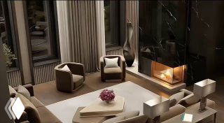 Фотореалистичный рендер интерьерной гостиной с диванами, креслами, журнальным столиком и камином — пример рендера жилого комплекса, который используют для демонстрации анимации.