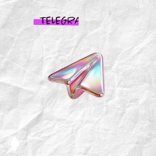 Радужный голографический логотип Telegram в виде бумажного самолёта на фоне мятых белых листов бумаги, с надписью TELEGRA