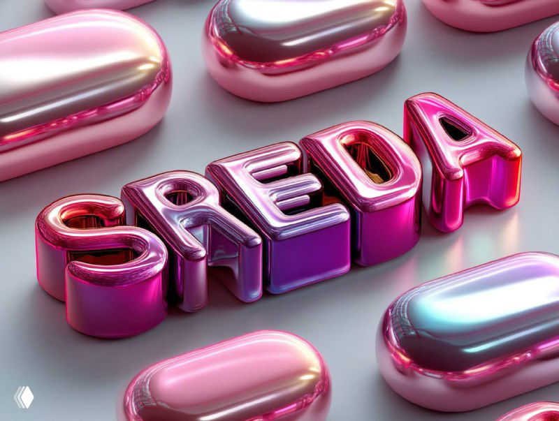 3D‑рендер надписи «SREDA» в розово‑пурпурных металлических тонах на фоне блестящих капсул; декоративный бренд‑маркер для превью.