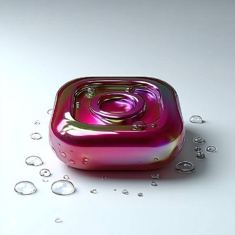 Стилизованный 3D‑значок соцсети в розово‑фиолетовых оттенках на светлом фоне с каплями воды — декоративный рекламный мотив.