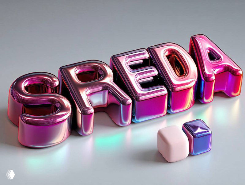3D-рендер слова «SREDA» в блестящем розово-металлическом исполнении на светлом фоне, брендовая визуализация для канала о SMM.