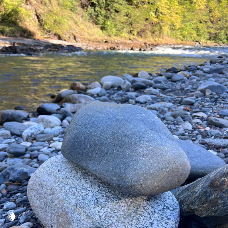 Крупный план гладких округлых камней на гальке у реки; видна проточная вода, камни разного размера и зелёный прибрежный лес.