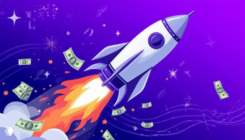 Иллюстрация: стилизованная ракета на фиолетовом фоне, вокруг которой летят банкноты и искры — метафора быстрого и бессмысленного расхода рекламного бюджета.