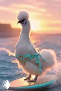 Стилизованная птица на серфинговой доске на фоне заката в декоративных шортах — юмористическая иллюстрация для анонса эфира.