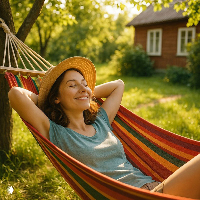 Женщина в гамаке на дачном участке, закрывает глаза и улыбается — образ расслабления и ощущения безопасности, соответствующий теме поста о трудностях отдыха.