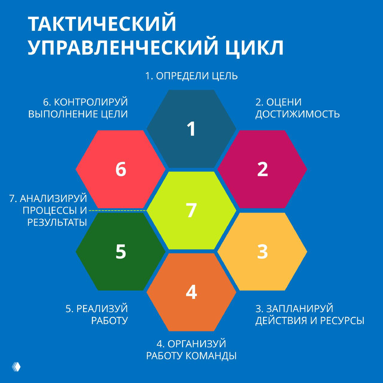 Инфографика тактического управленческого цикла: шестиугольники с номерами и подписями этапов — от «Определи цель» до «Анализ».
