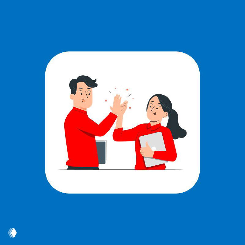 Иллюстрация: два сотрудника команды (мужчина и женщина) взаимодействуют и приветствуют друг друга — символы мотивации и командного взаимодействия в продажах.