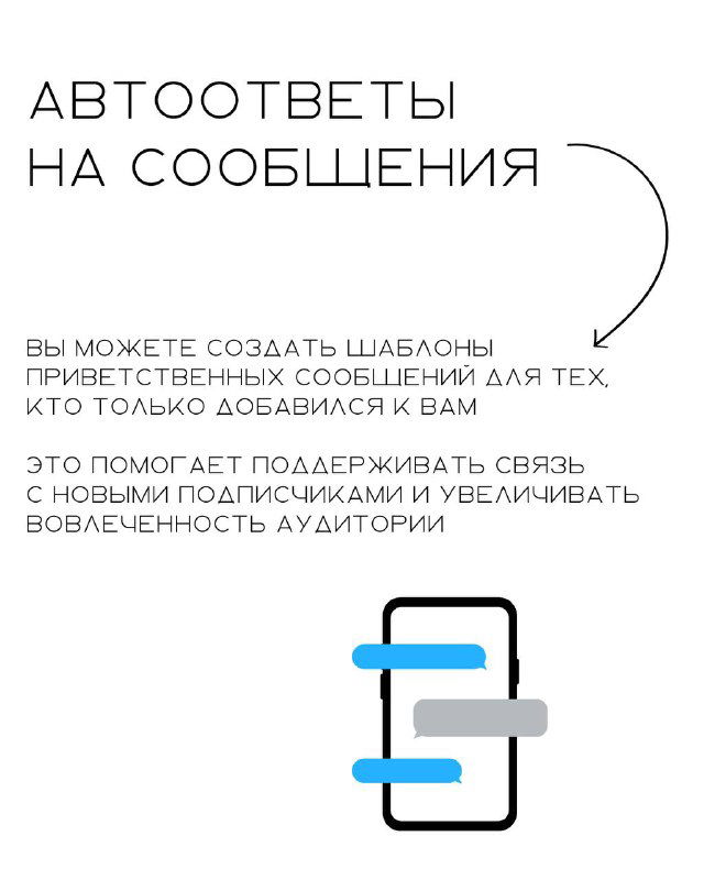 Карточка «АВТООТВЕТЫ НА СООБЩЕНИЯ» с пиктограммой телефона: визуализация шаблонных приветствий и поддержки связи с новыми подписчиками через автоматические ответы.