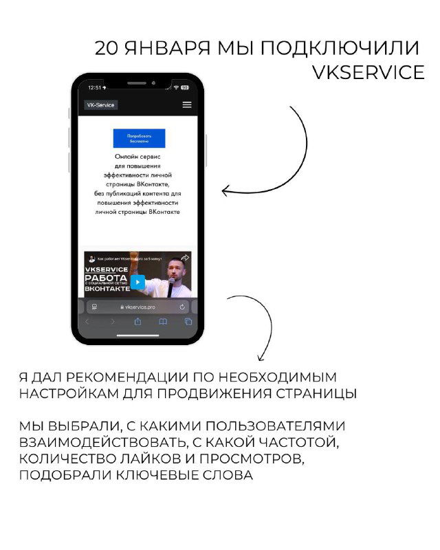 Слайд с интерфейсом VKservice и пояснением: подключение сервиса 20 января, рекомендации по настройкам и выбор целевых взаимодействий для увеличения охвата.