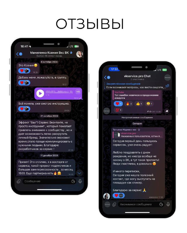 Коллаж отзывов и визуальных подтверждений результатов кампании: скриншоты диалогов, отметки и эмодзи, иллюстрирующие обратную связь клиентов.