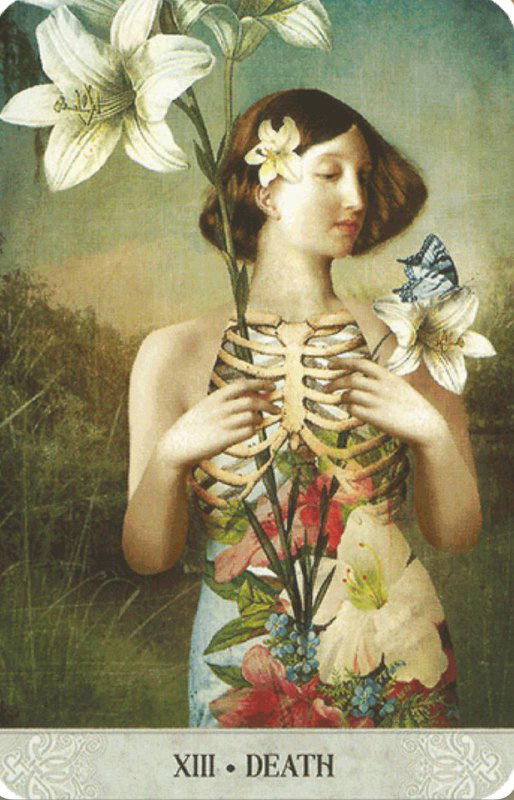 Художественная интерпретация карты Смерть: женский образ с цветами и бабочками, символы возрождения переплетены с анатомическими мотивами.