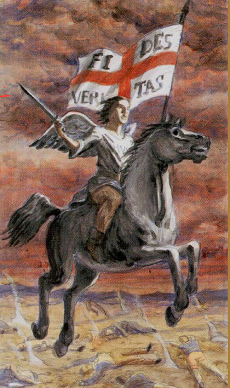 Всадник на коне с флагом и ангелоподобной фигурой на фоне поля битвы; композиция подчёркивает переход, победу и завершение эпохи.