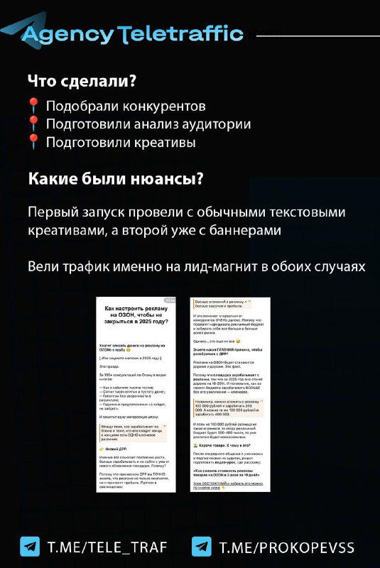 Слайд с перечнем действий и примерами креативов: текстовые варианты объявлений и мини‑скриншоты рекламных материалов.