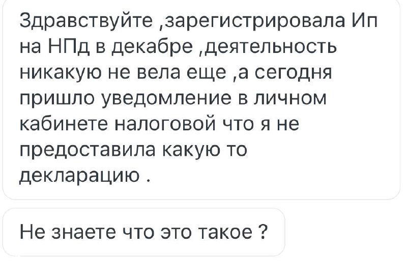 Скриншот переписки: клиент спрашивает про регистрацию ИП и самозанятость, указывает даты и спрашивает о необходимости декларации.