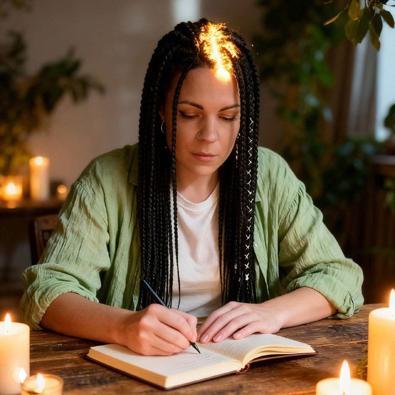 Женщина с длинными косичками записывает в блокнот при свечах в уютной комнате — иллюстрация поста о поддержке блогеров и практиках маркетинга.