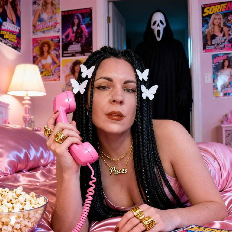 Портрет женщины в комнате в стиле Halloween: она держит розовую телефонную трубку, на кровати попкорн и блестящие ткани, позади виден силуэт в маске.
