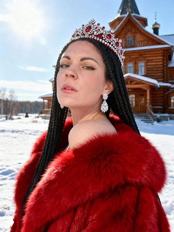 Портрет женщины в короне и красной шубе на фоне деревянного дома и снега — образ королевы в зимней сцене, реалистичный рендер.