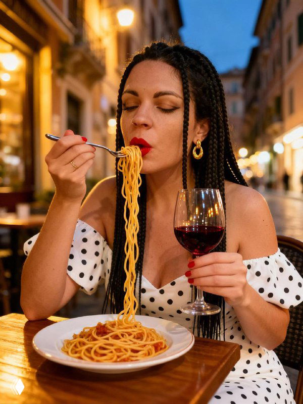 Женщина в ресторане ест спагетти и держит бокал вина — жизненная сцена в городском вечернем антураже, демонстрация бытовой сцены.