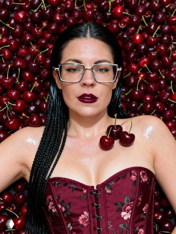 Портрет женщины в окружении крупных вишен — креативная сцена с реквизитом, акцент на цвет и текстуру для визуального эффекта.