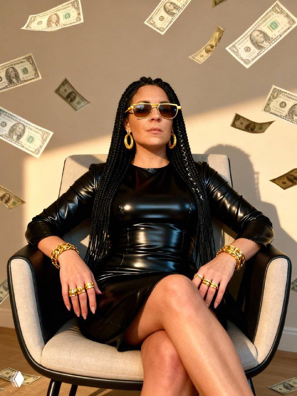 Женщина в чёрном кожаном платье сидит в кресле, вокруг летят купюры — динамичная сцена с эффектом дождя из денег, демонстрация возможностей генерации.