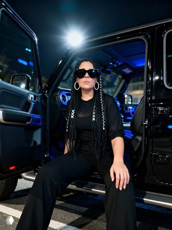 Женщина в чёрной одежде возле внедорожника Mercedes G-Class — урбанистичный образ с автомобилем премиум-класса в кадре.