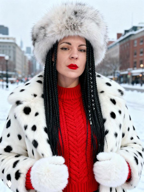 Портрет женщины в белой шубе и меховой шапке на фоне городского зимнего пейзажа — fashion-кадр с акцентом на контраст и текстуры.