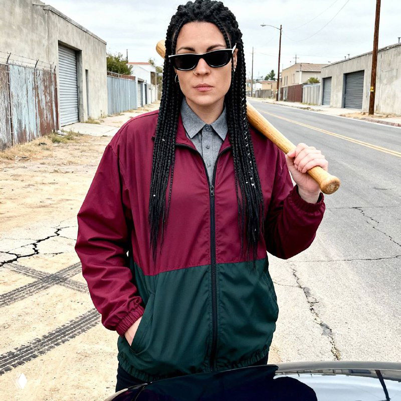 Женщина в солнцезащитных очках и косах, в бордово-зелёной куртке держит бейсбольную биту на пустынной улице с гаражами — стилизованный образ для поста