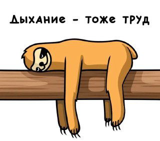 Иллюстрация: ленивый ленивец, лежащий на ветке с надписью «Дыхание — тоже труд», символизирует усталость, апатию и нежелание что-либо делать у автора