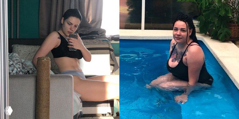 Коллаж до/после: слева автор в топе у окна, справа — в купальнике в бассейне; заметна визуальная трансформация тела и настроение автора.