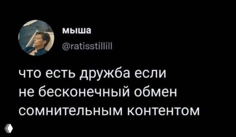Мем-скриншот на тёмном фоне с белой надписью «что есть дружба если не бесконечный обмен сомнительным контентом».