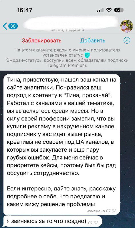 Скриншот экрана смартфона с перепиской в мессенджере: сообщение о сотрудничестве, видны интерфейс iOS, аватар и кнопки.