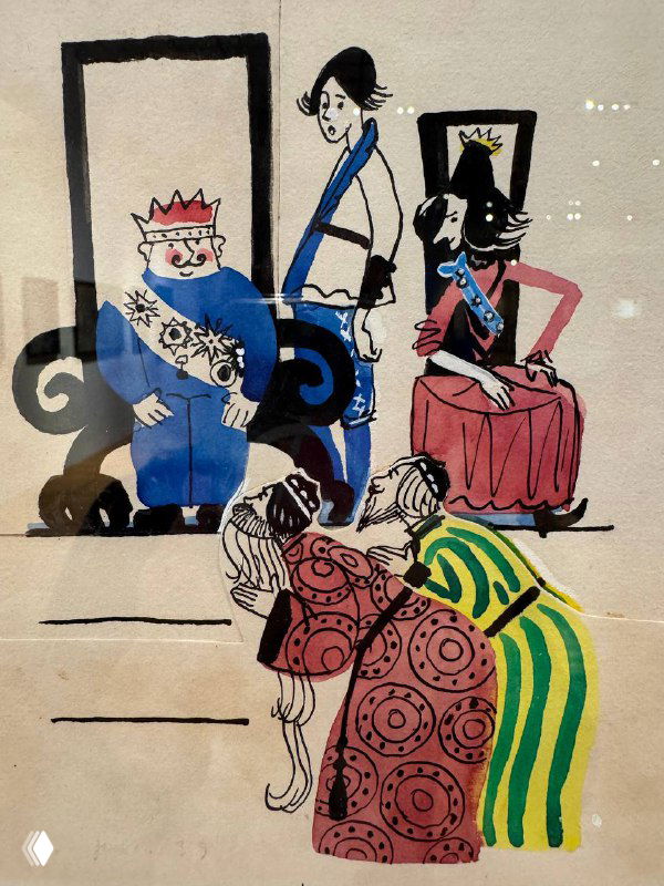 Цветная иллюстрация с персонажами в интерьере, яркие краски и рисунок в стиле детской книжной графики — рама на стене галереи.