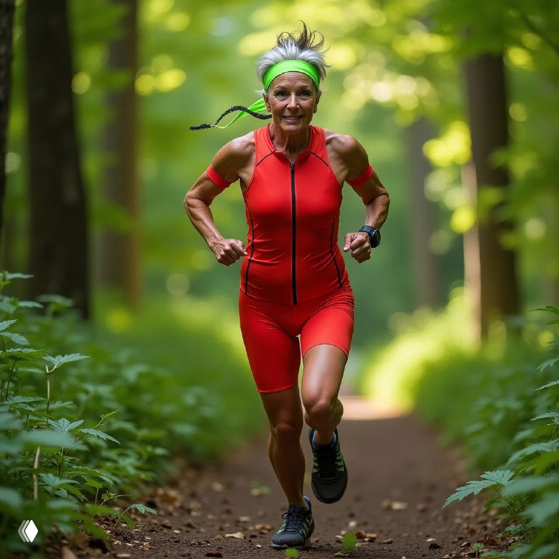 Пожилая энергичная женщина в красном спортивном костюме бежит по лесной тропе среди зелёных деревьев, символ активного образа жизни и долголетия.