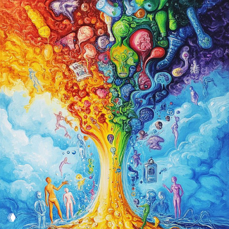 Абстрактная яркая картина с разноцветным «деревом» и всплесками красок, метафора разнообразия и перенасыщения рынка БАД и нутрицевтики.