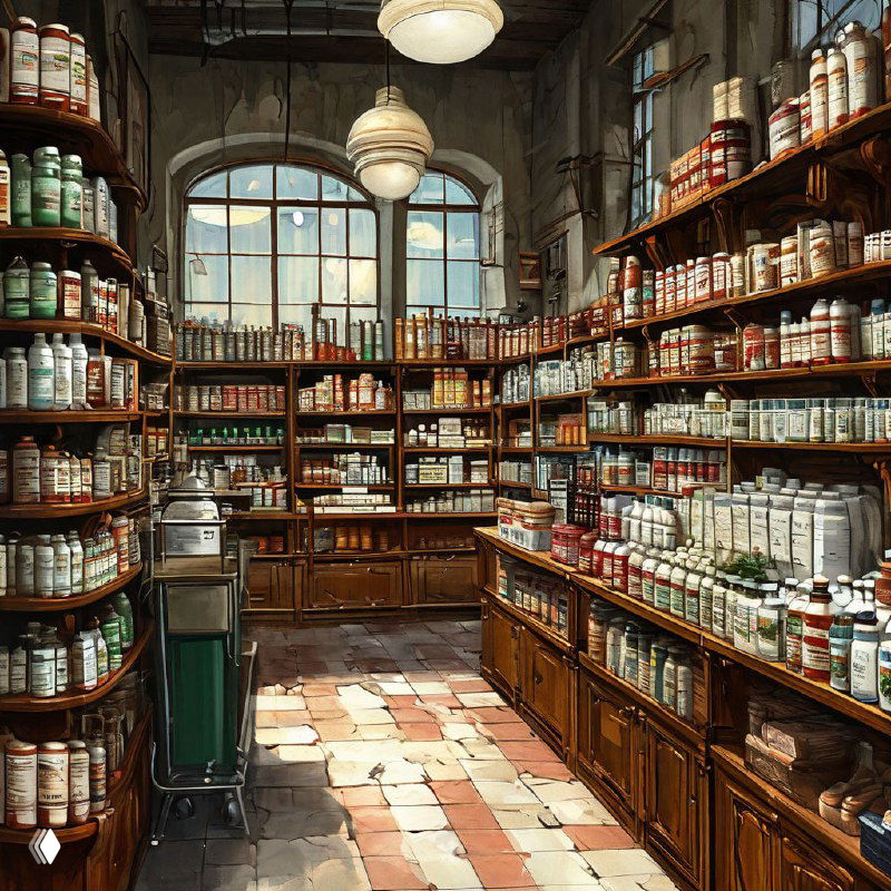 Интерьер аптеки с деревянными стеллажами, ряды баночек и упаковок биодобавок разных брендов, видны ценники и ярлыки на полках.