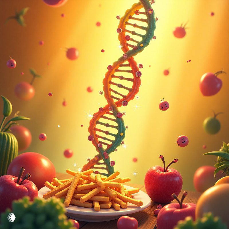Иллюстрация: двойная спираль ДНК, парящая над тарелкой с картофелем фри и окружающими фруктами, символ выбора между генетикой и образом жизни